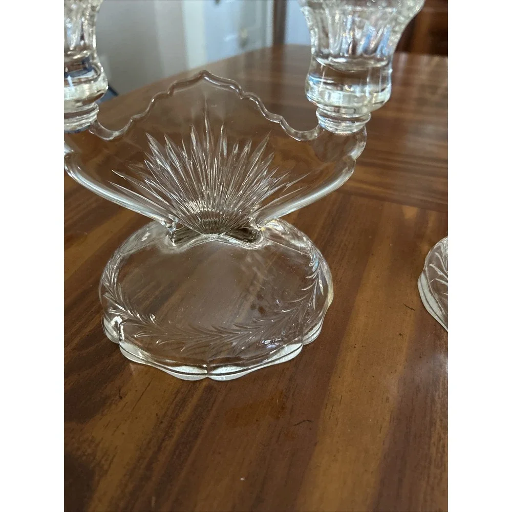 Pair Vintage Jeannette Glass Sunburst Herringbone Taper Candlestick Holder Clear
